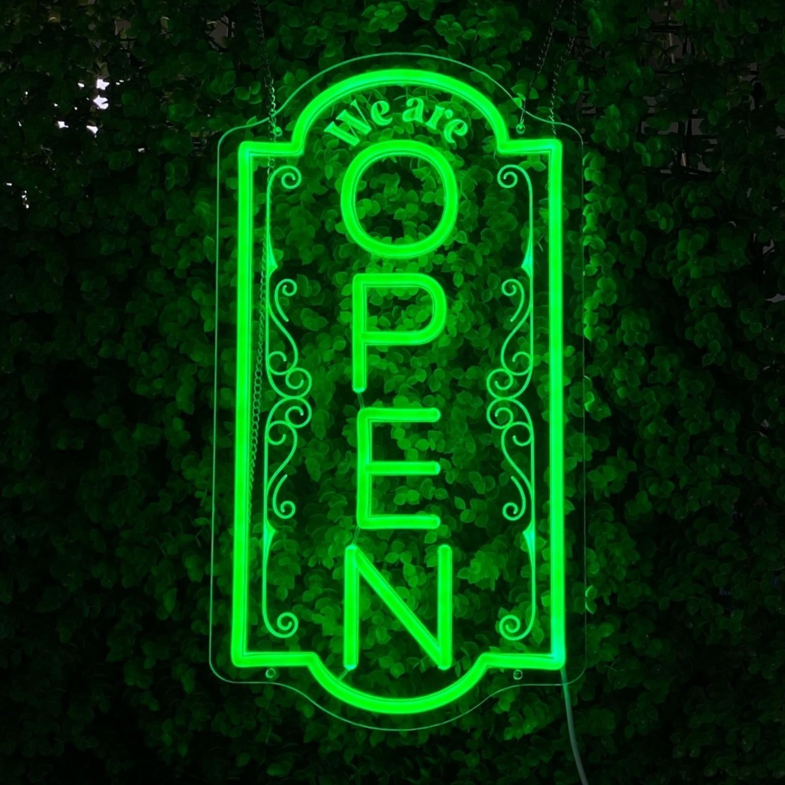 Vertical Open LED Neon Sign for Business – Bright Green Window Light, 16.5×9