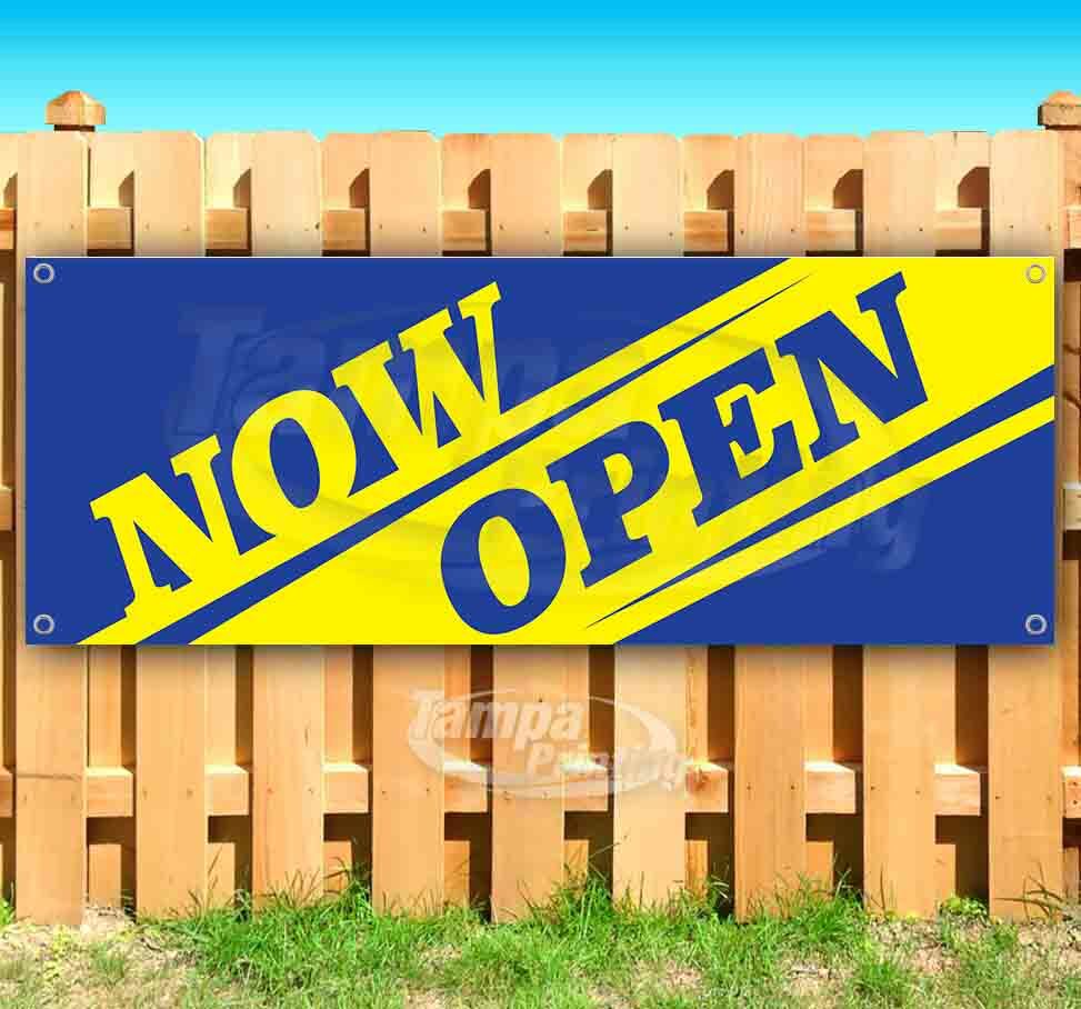 NOW OPEN BLUE YELLOW Advertising Vinyl Banner Flag Sign Many Sizes USA