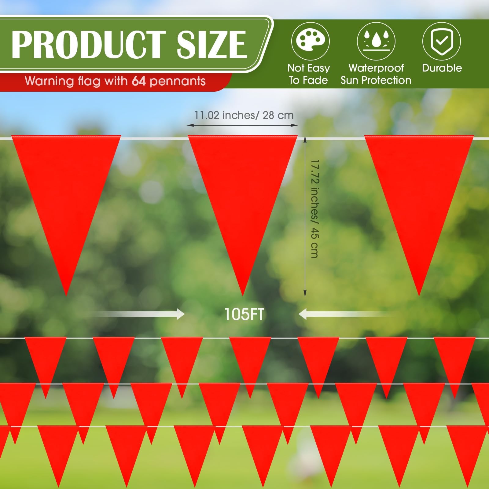 Peryiter 105 ft 64pcs Pennant Banner Flags 11.02″ x 17.72″ Large Safety Marki…