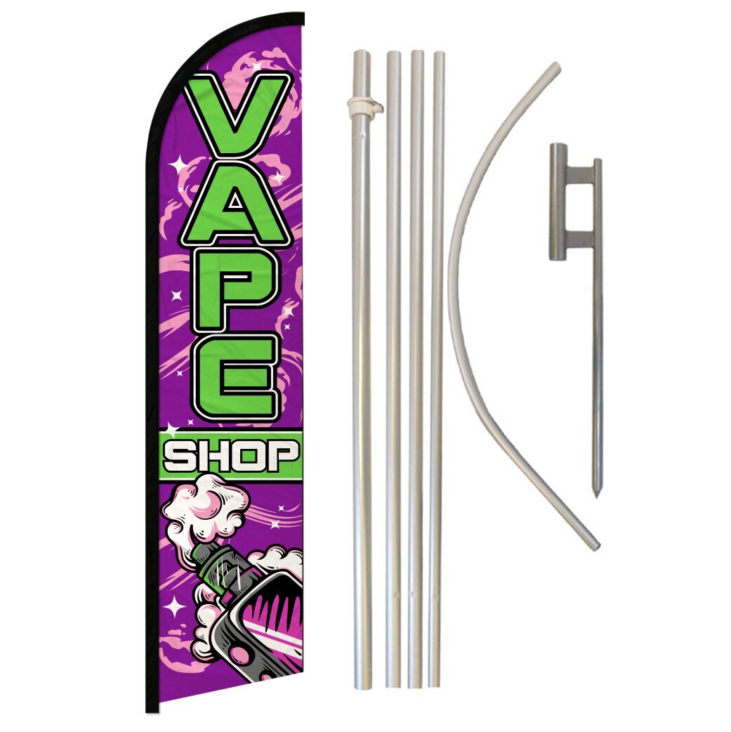 Vape Shop Full Curve Windless Swooper Flag Pole Set Smoke Shop PUR/GRN
