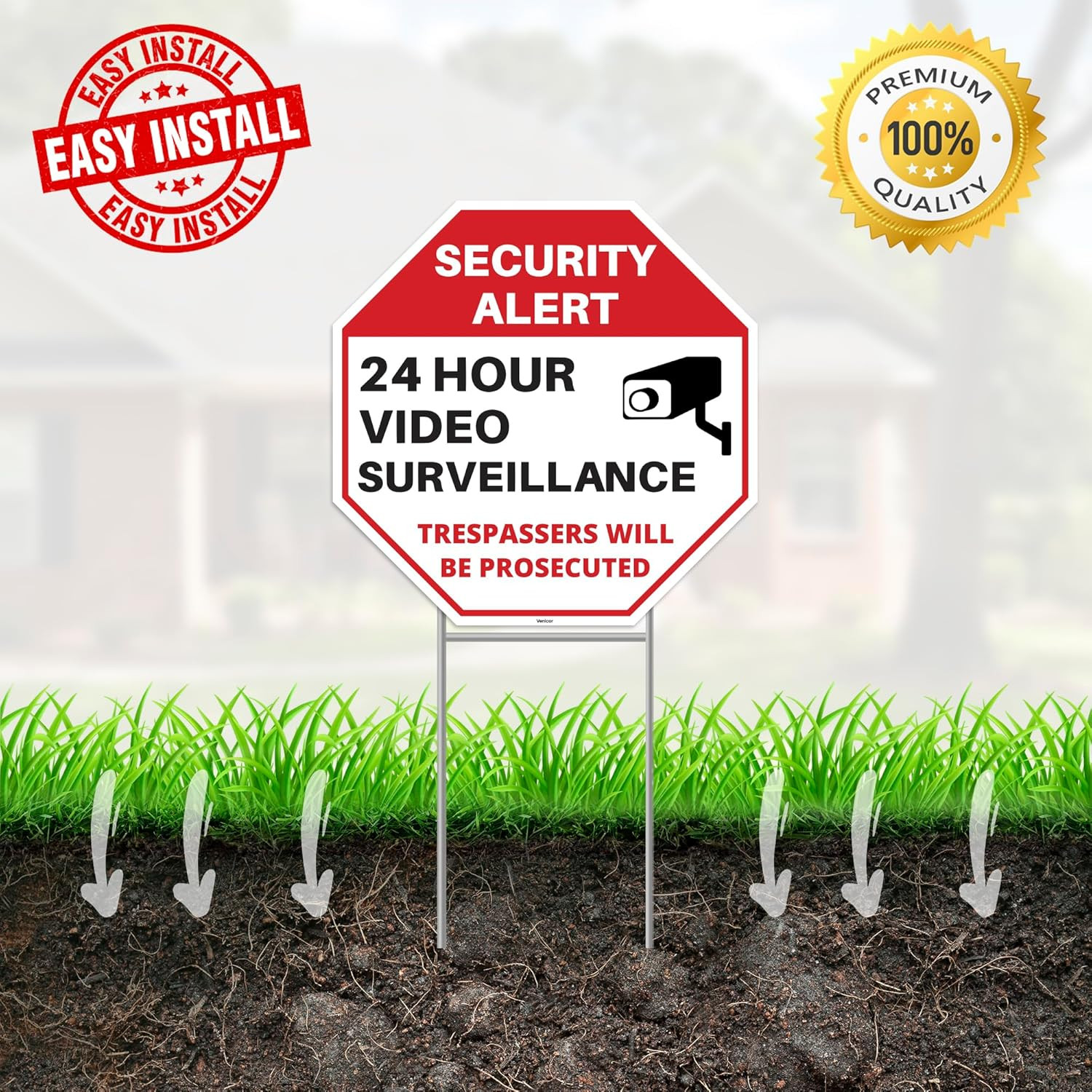 24-Hour Video Surveillance Sign Set with Stakes – No Trespassing Alert 12″x12
