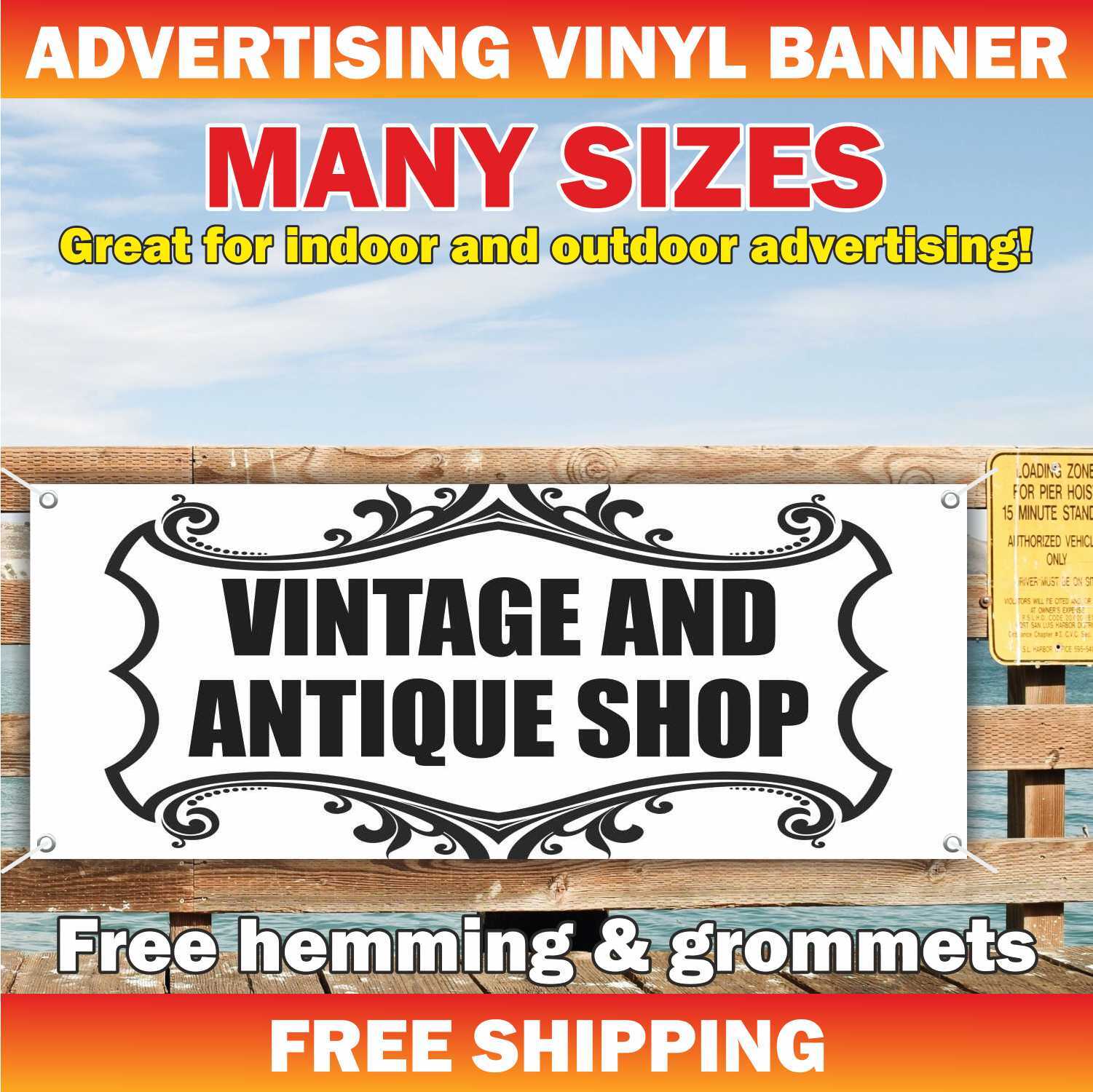 VINTAGE ANTIQUE SHOP Advertising Banner Vinyl Mesh Sign COLLECTIBLE coin ancient
