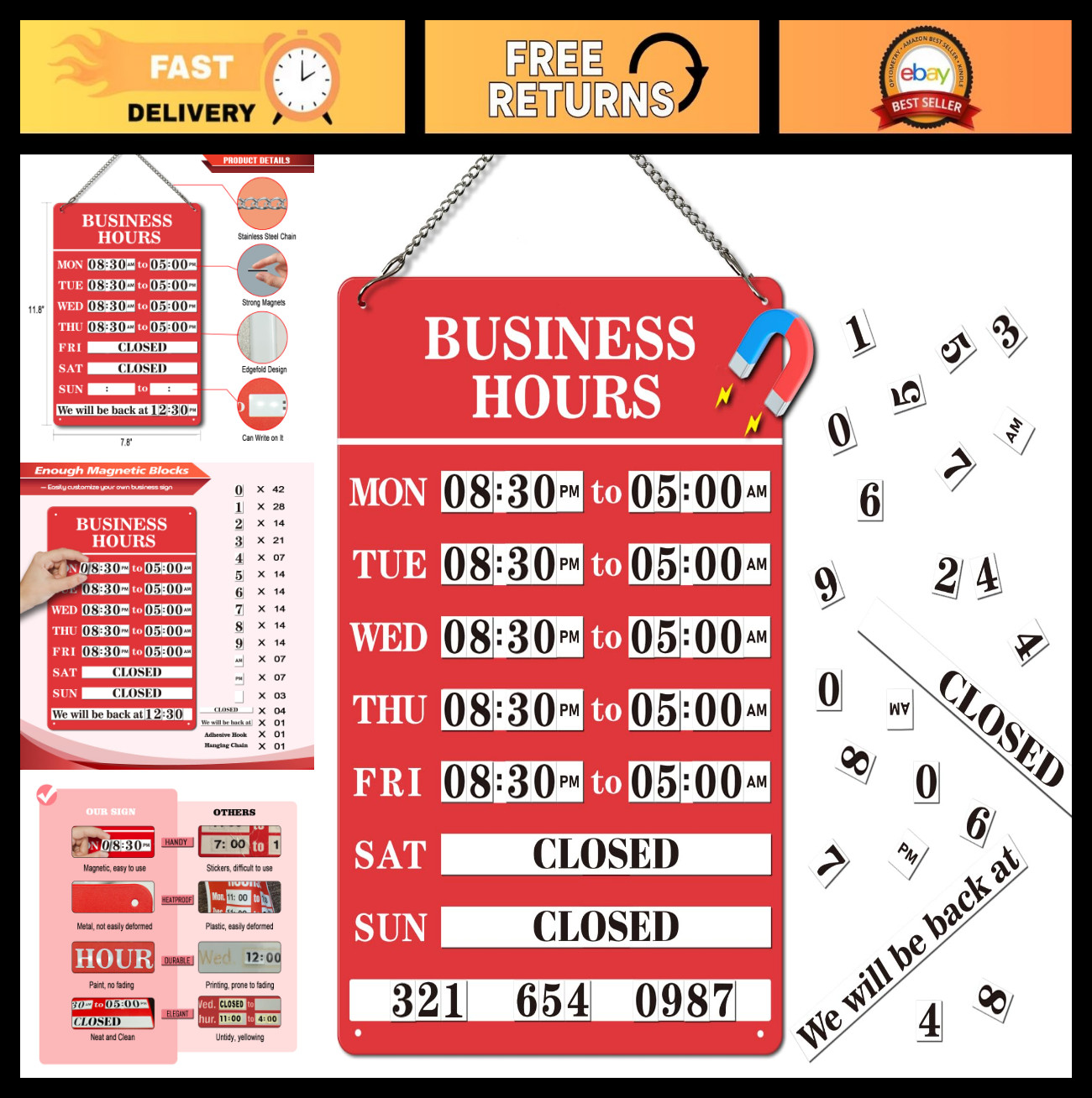 Magnetic Changeable Business Hours Sign – Metal Store Hours Sign for Glass Door/