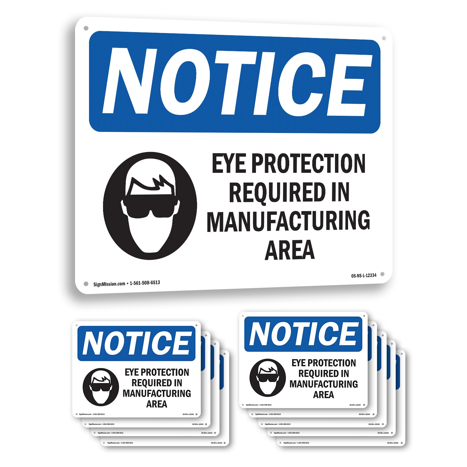 Eye Protection Required In Manufacturing OSHA Notice Sign, Decal 5 or 10 Pack