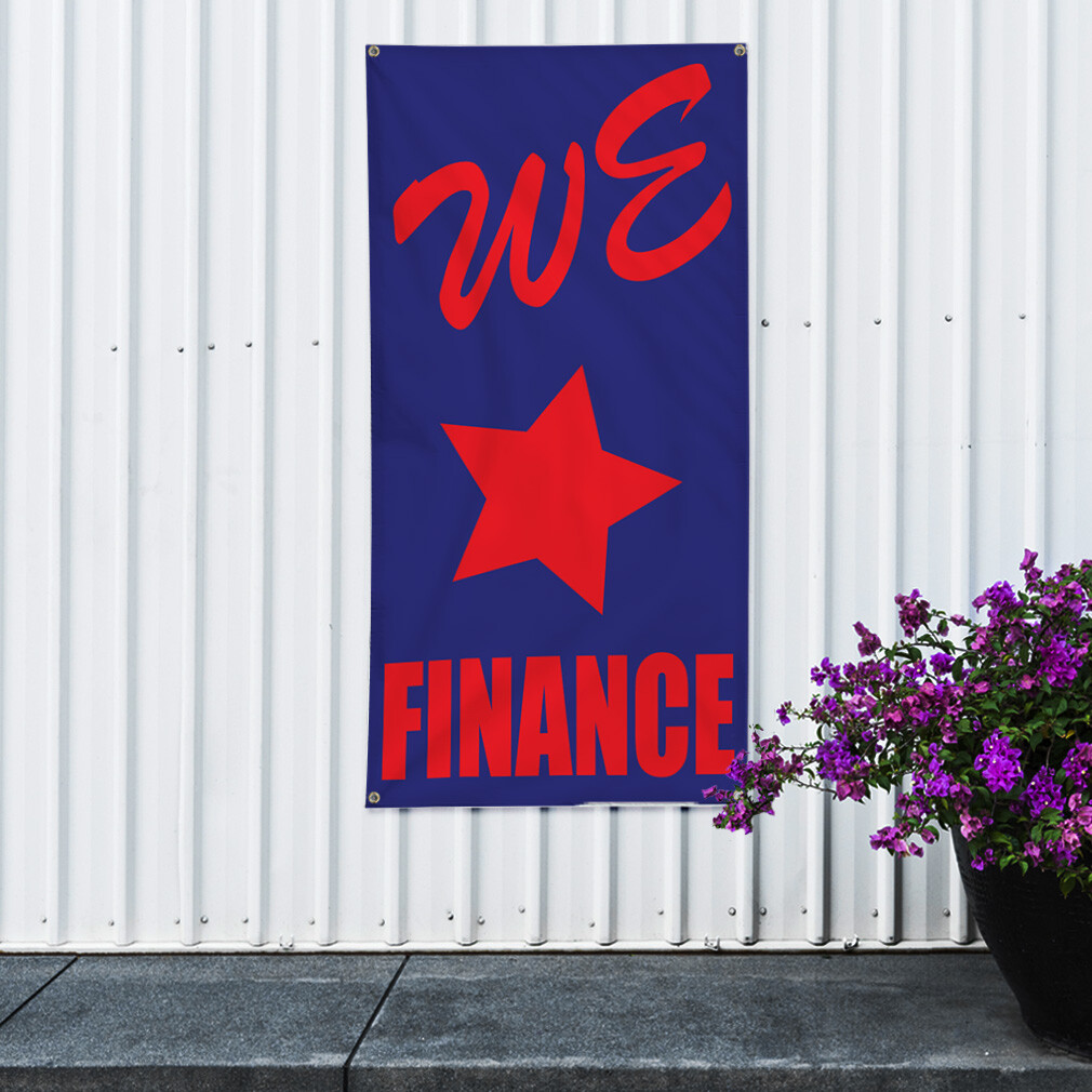 Vertical Vinyl Banner Multiple Sizes We Finance Dark Blue and Red Business