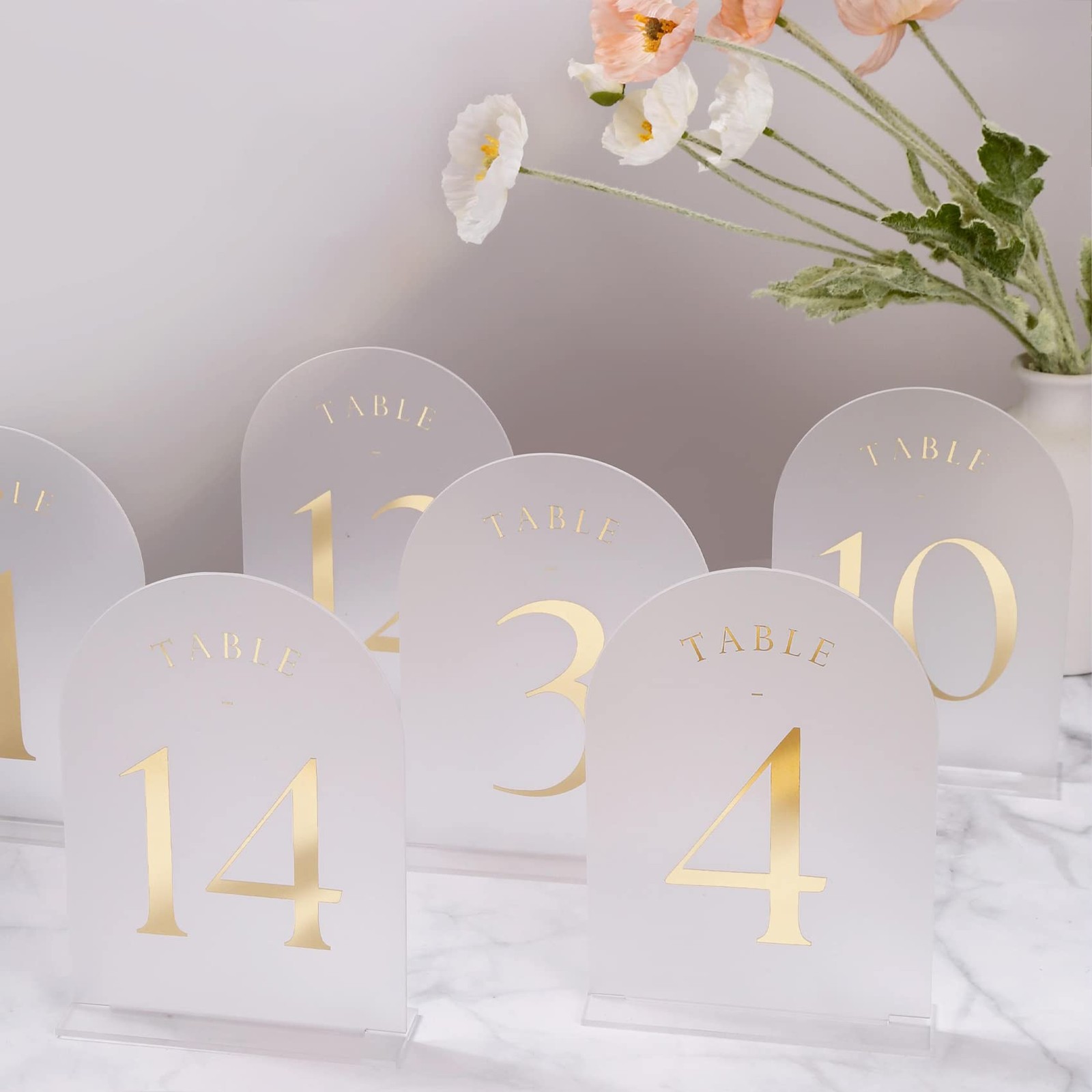 Frosted Arch Wedding Table Numbers 1-15 w/Stands Gold Foil Printed 5×7 Acrylic