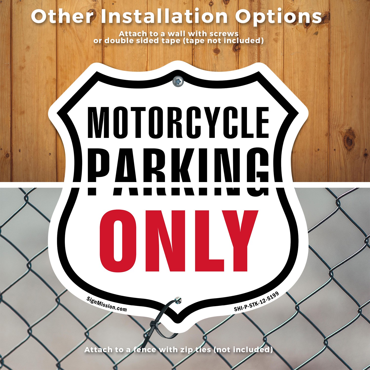 Motorcycle Parking Only Shield Shaped Sign With Stake Crafted in the USA