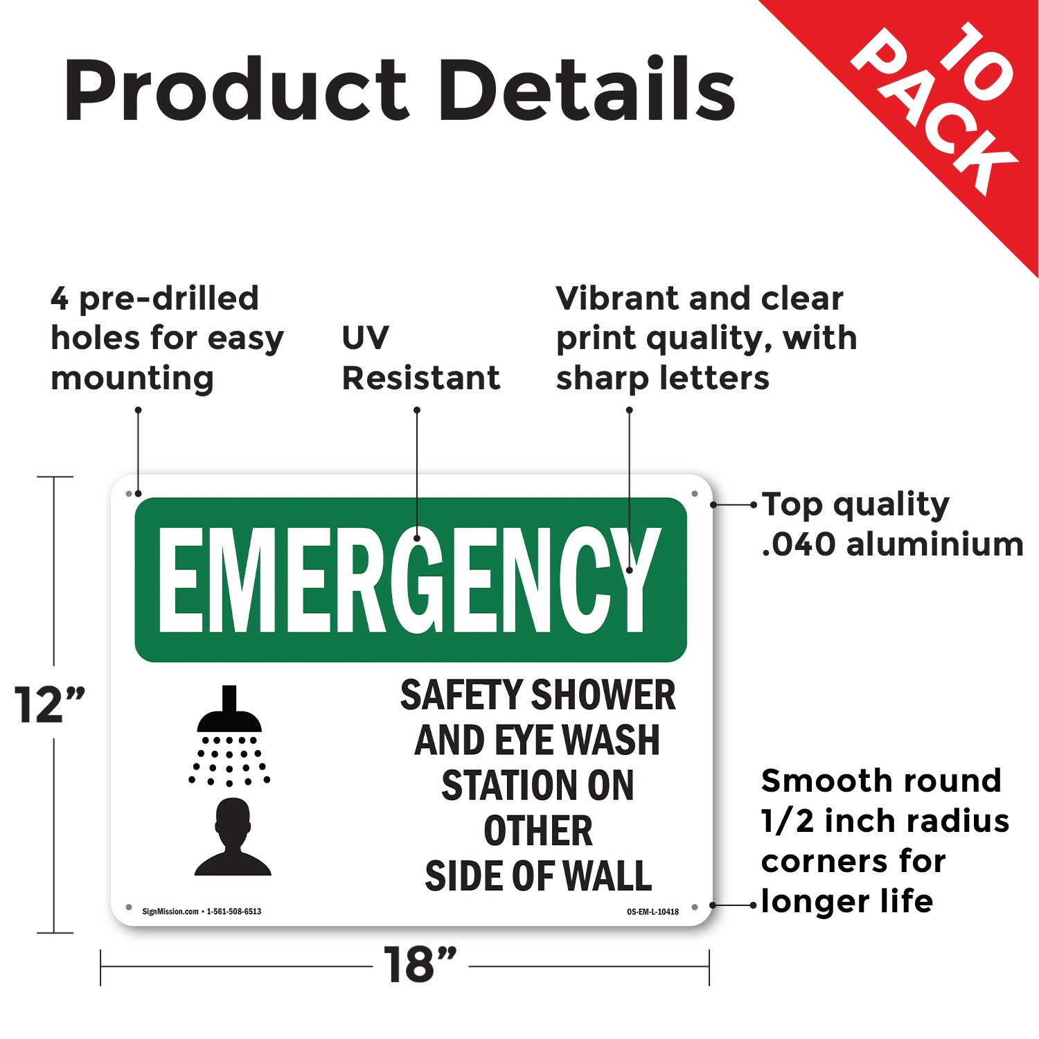 Safety Shower And Eye Wash Station With Symbol OSHA Emergency Sign 5/10 Pack