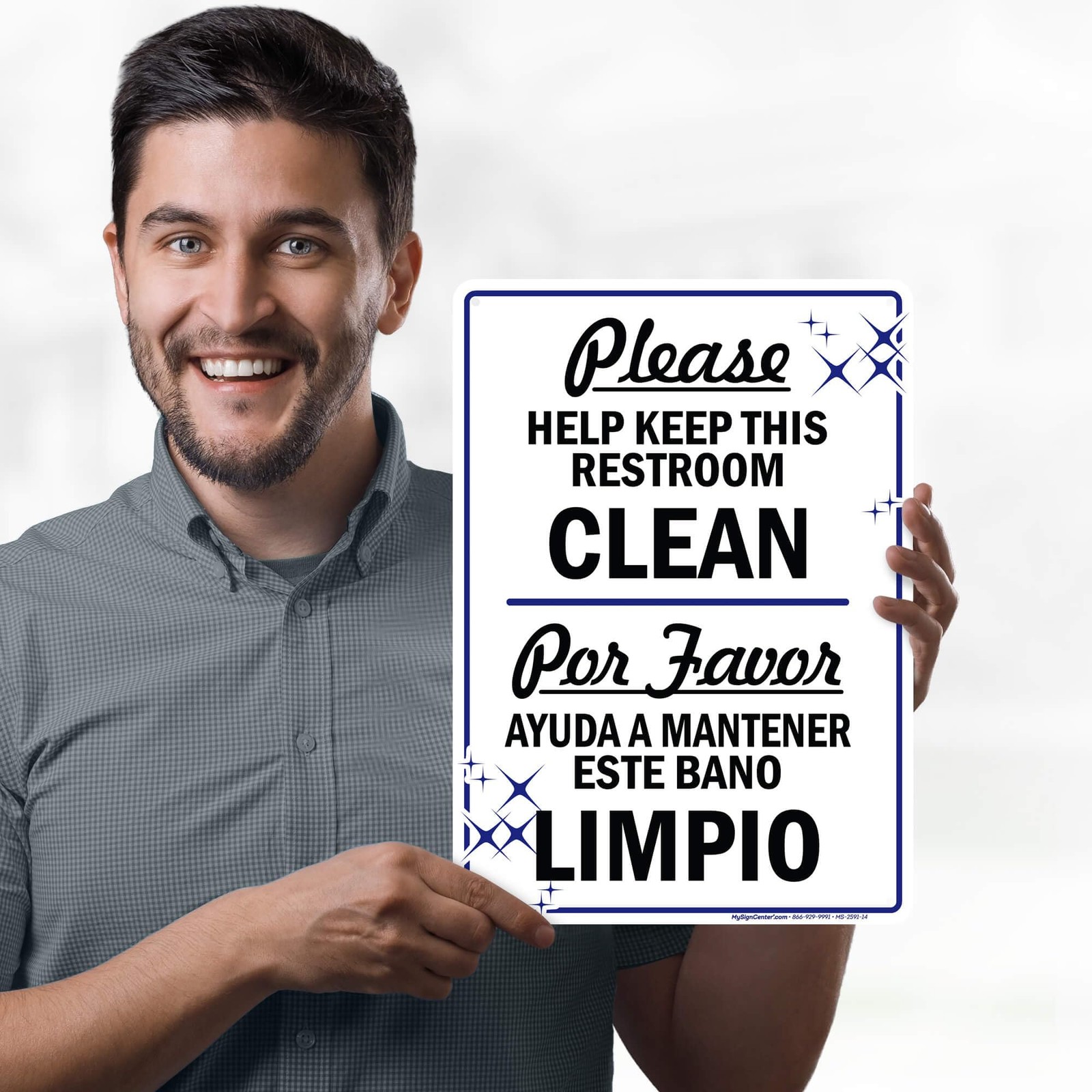 Please Help Keep This Restroom Clean Sign, Bilingual English and Spanish, 10×14