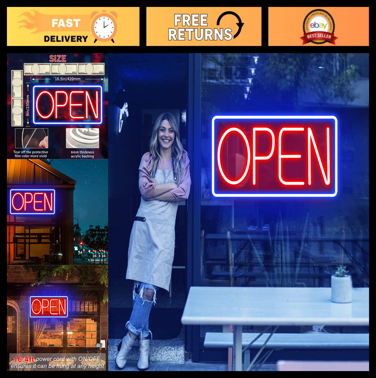 Bright LED Neon Open Sign 16″ Plug-In Light Up Display for Storefront, Bar, Cafe