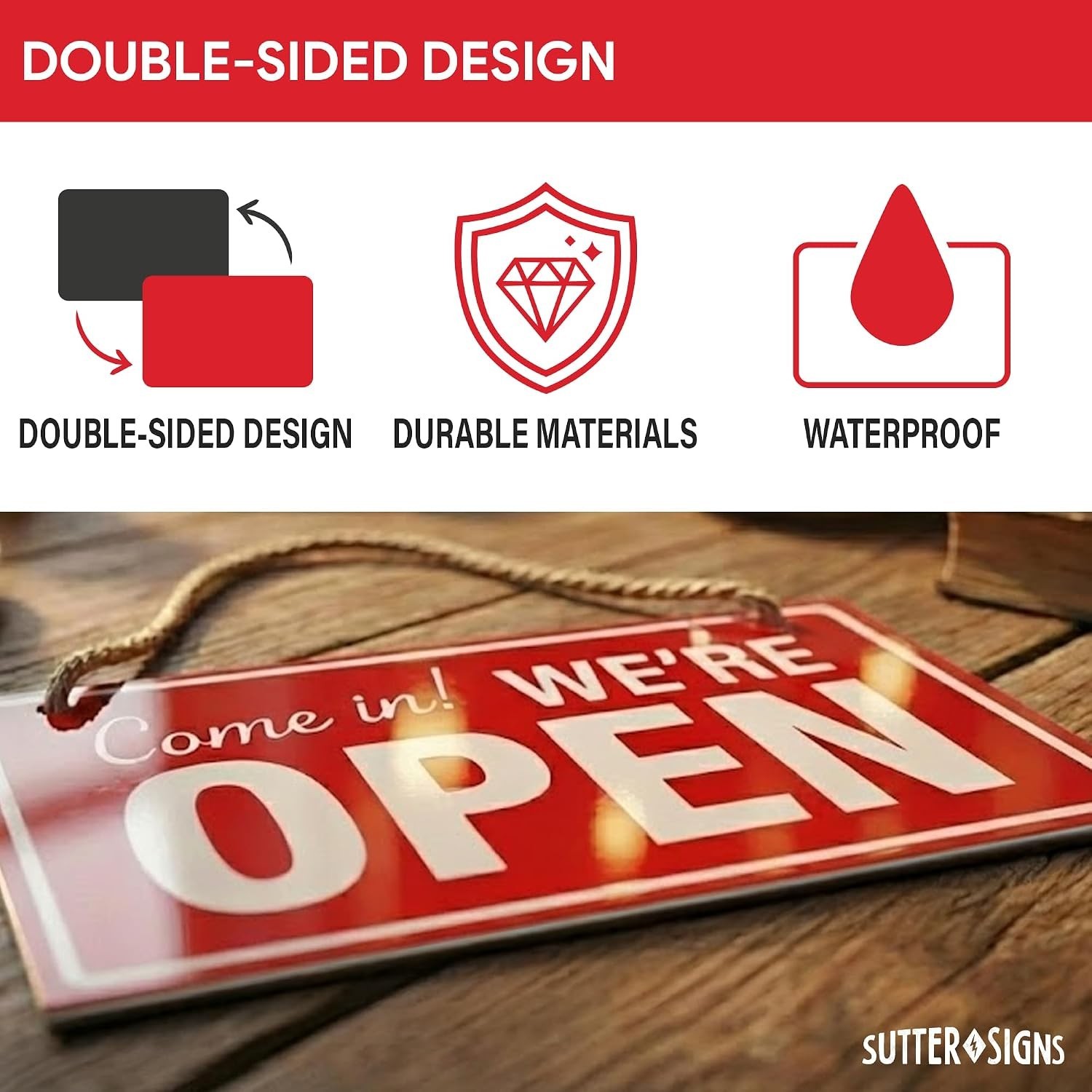 Open Closed Sign for Business 10 X 6 Double Sided Plastic Sign with Twine Su