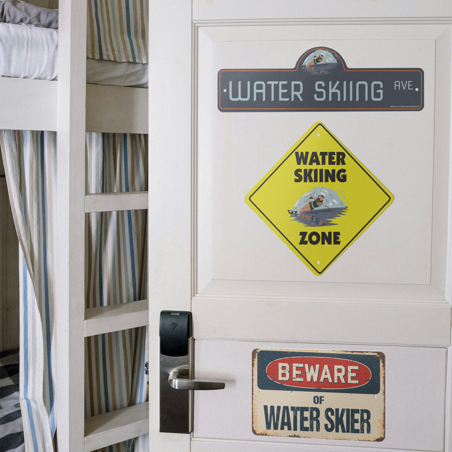 Water Skiing (3 Pack) Plastic Street Sign Crossing Warning Vintage Rustic Beware