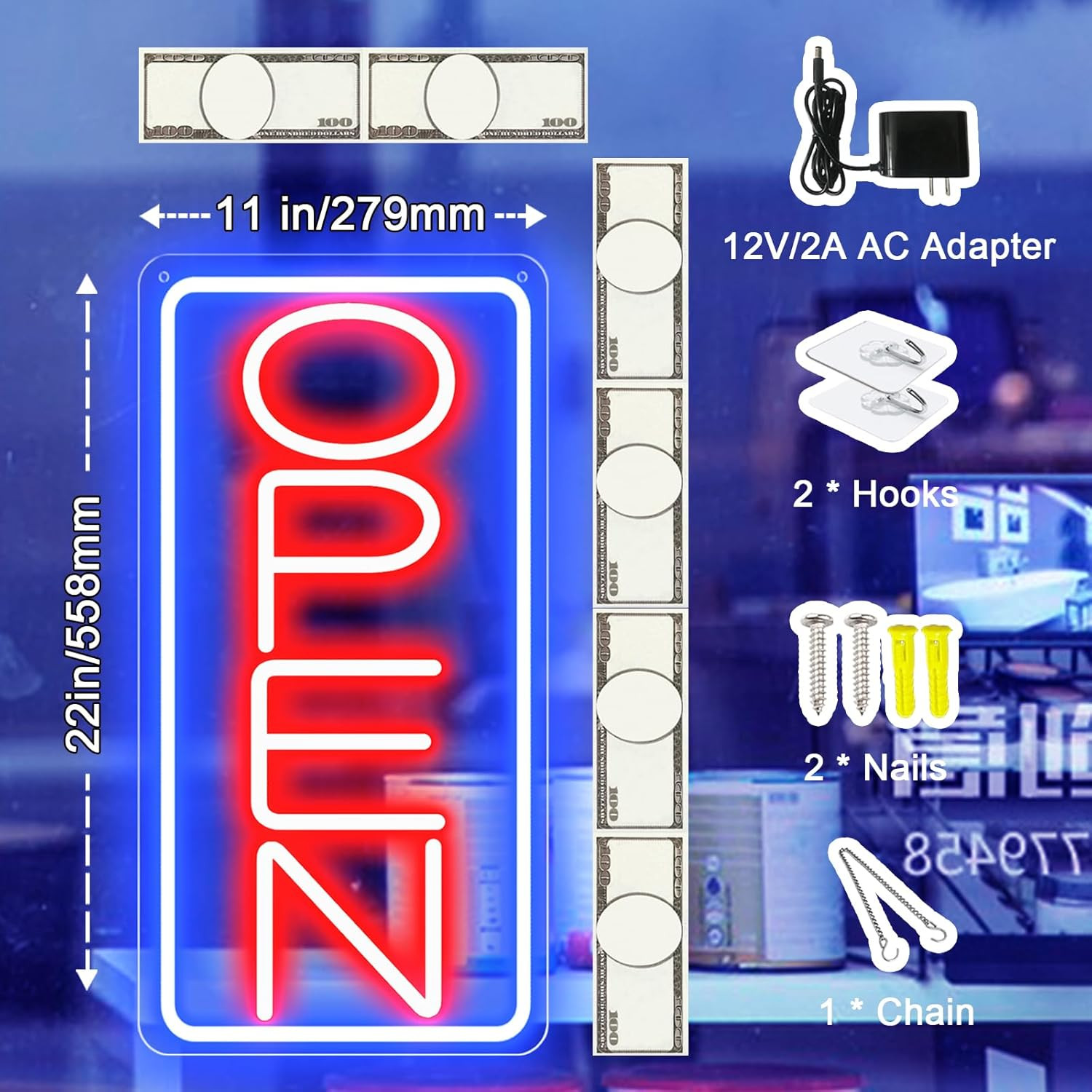 22″ X 11″ Led Neon Open Signs for Business 12V/2A Ultra Bright Led Neon Open Sig