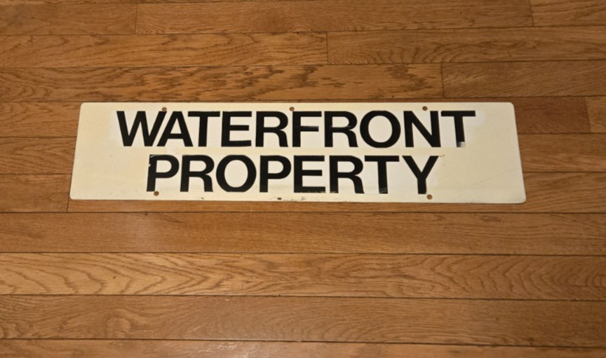 Realtor Metal WATERFRONT PROPERTY double sided sign used 24″ x 6″ Black/White