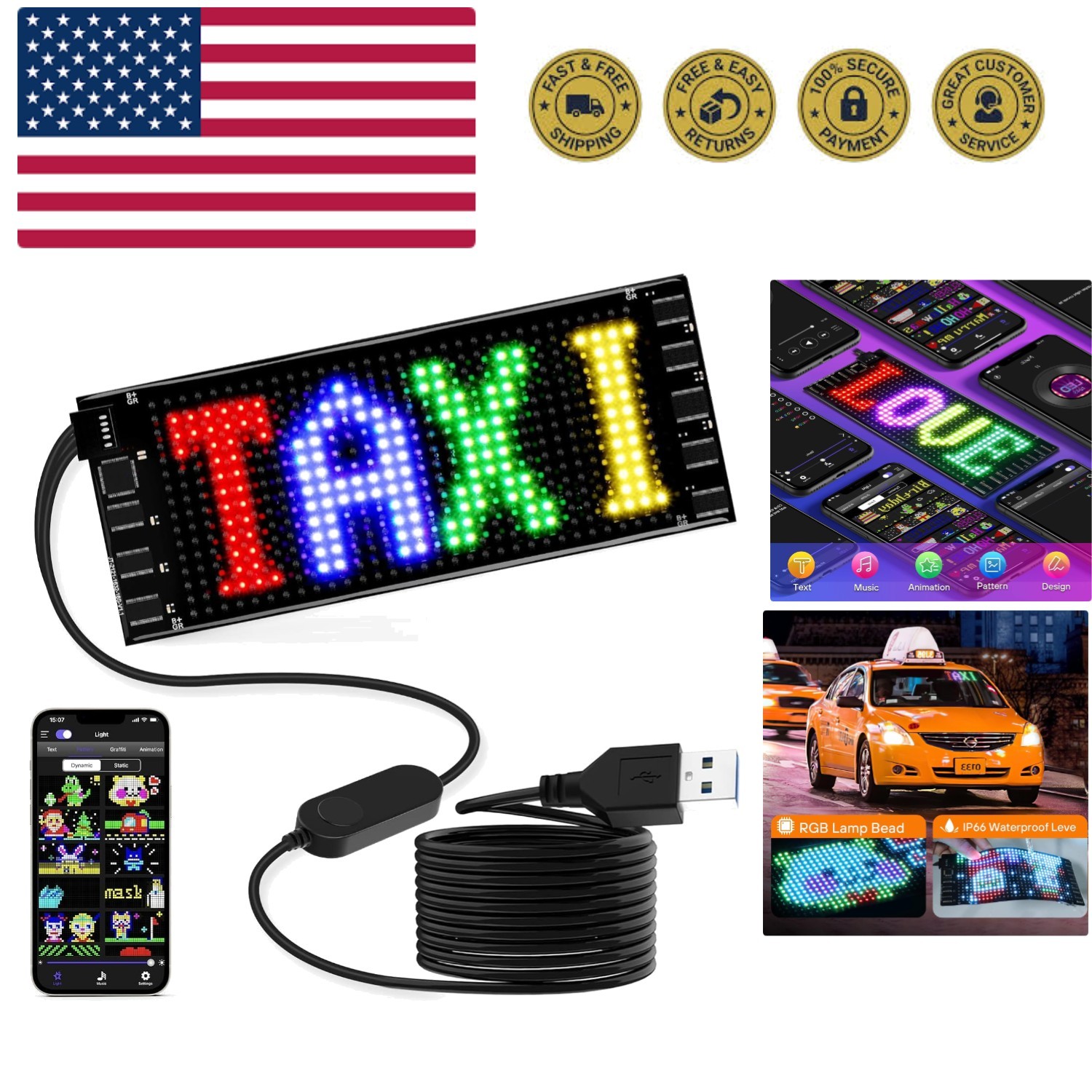 LED Sign for Car, 7”x3”Flexible LED Matrix Panel USB 5V Bluetooth Applicati…