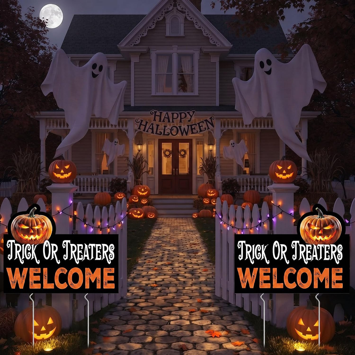 3 Pcs Halloween Yard Signs, Trick or Treaters Welcome Outdoor Decor | 16.5X13 In