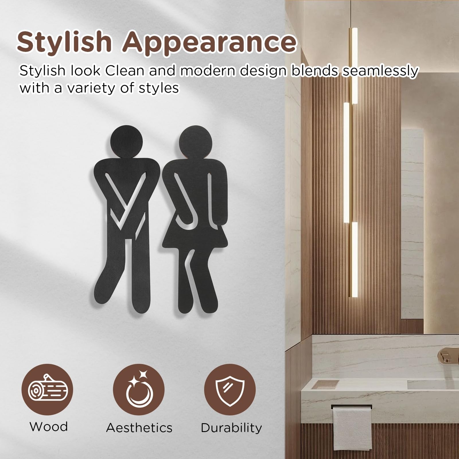 Bathroom Sign decor, 7″ Wooden Restroom Signs, Removable Bathroom Door for Ho…