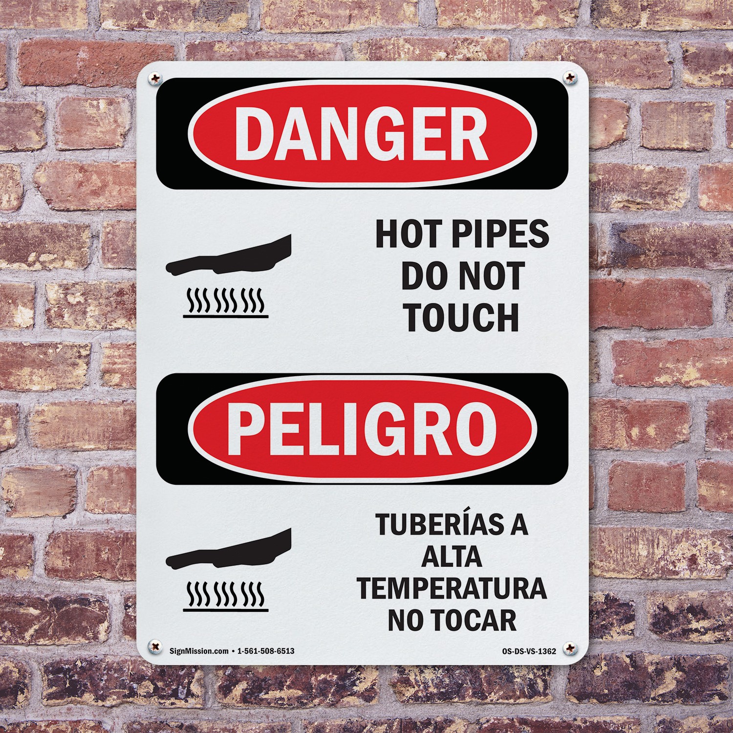 Hot Pipes Do Not Touch Bilingual OSHA Danger Sign Metal, Decal – 5 or 10 Pack