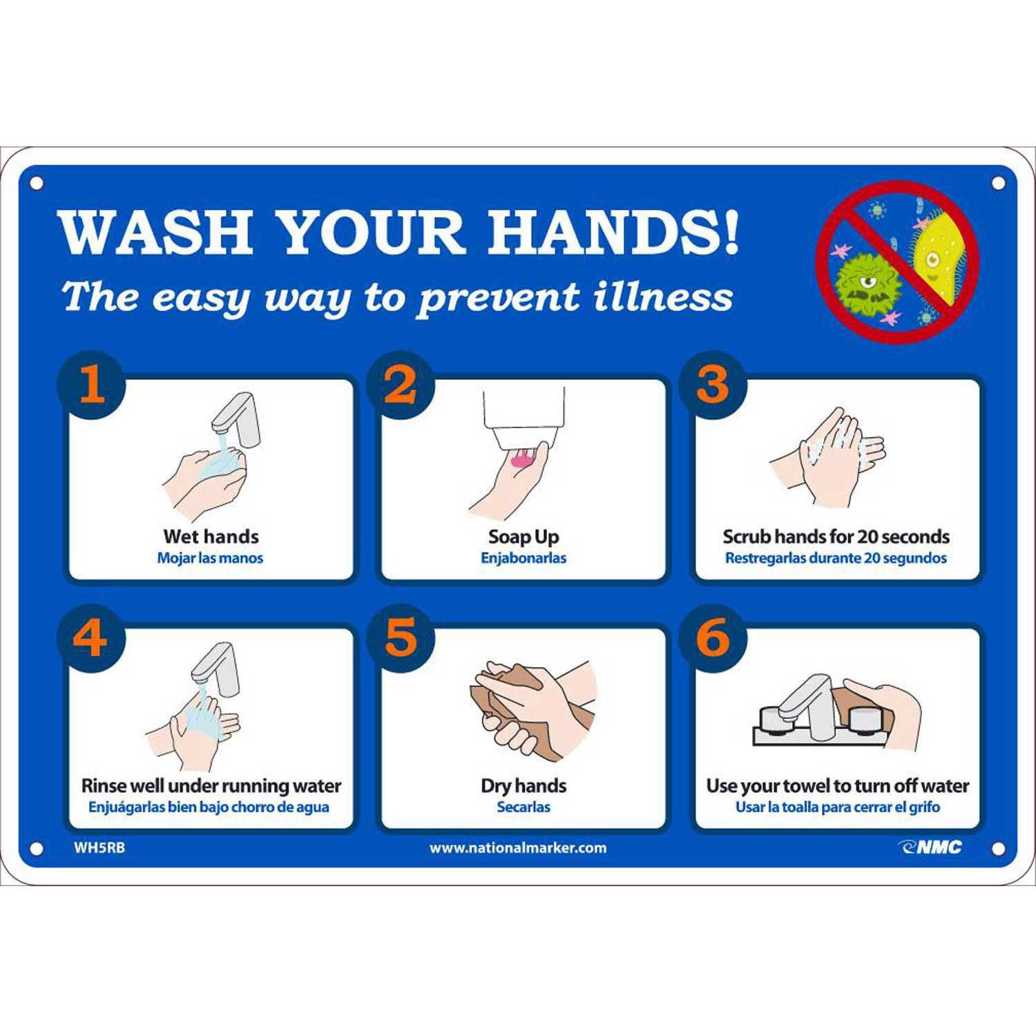 NMC WH5RB 10″ x 14″ Wash Your Hands Sign Plastic
