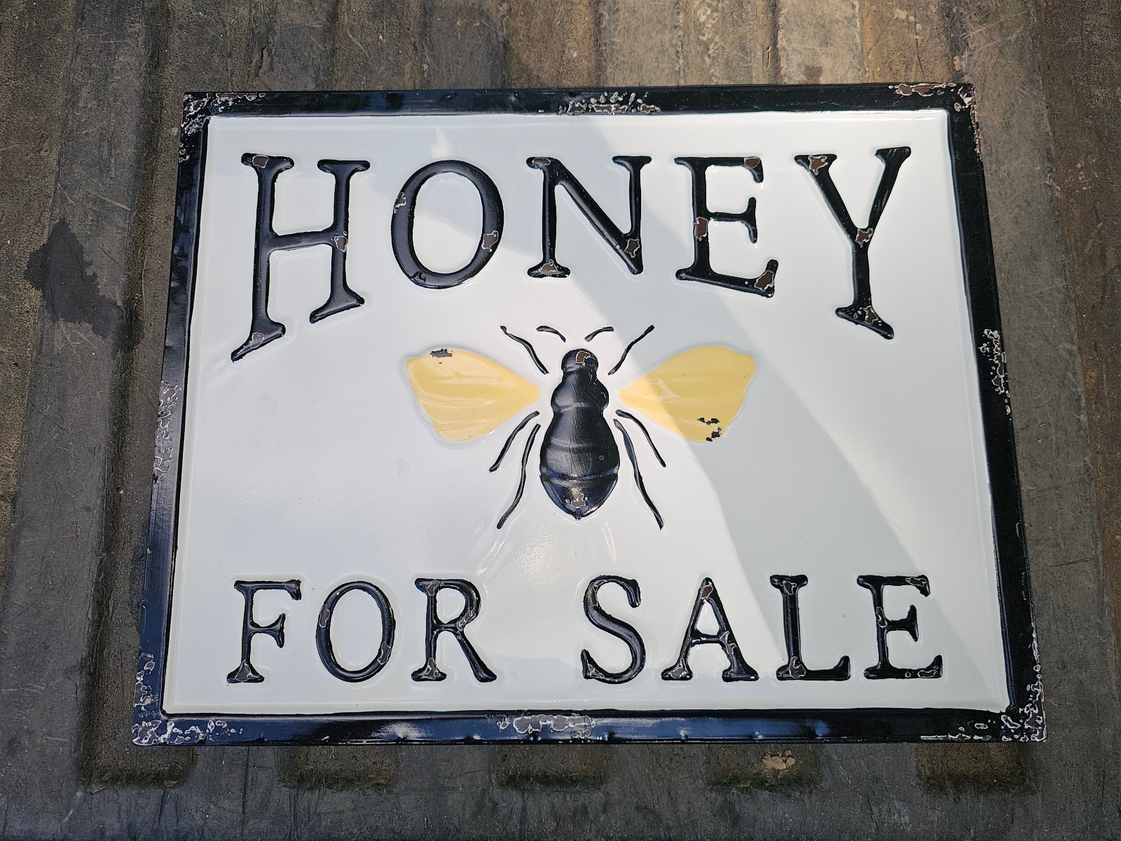 25MM88 SIGN, HONEY FOR SALE, MANUFACTURED PATINA, 18″ X 14-1/2″ +/-, VERY GOOD