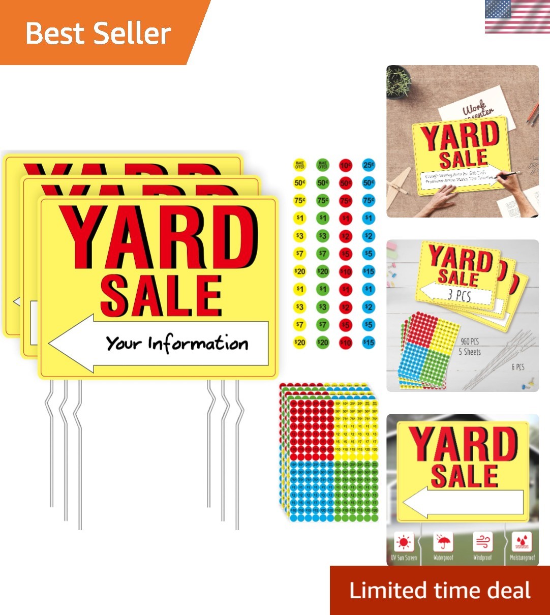 All-Weather 3PCS Yard Sale Signs with Stake & 960 Labels – Stand Out Today!