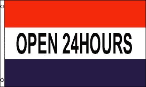5 X 3FT “OPEN 24HOURS” ADVERTISEMENT POLYESTER FLAG RED BLUE WHITE