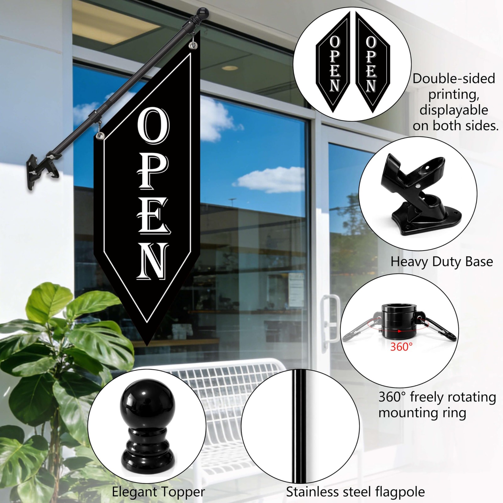 OPEN Flag with Pole Kit, Double-Sided Heavy Duty Hanging Banner Sign with Metal