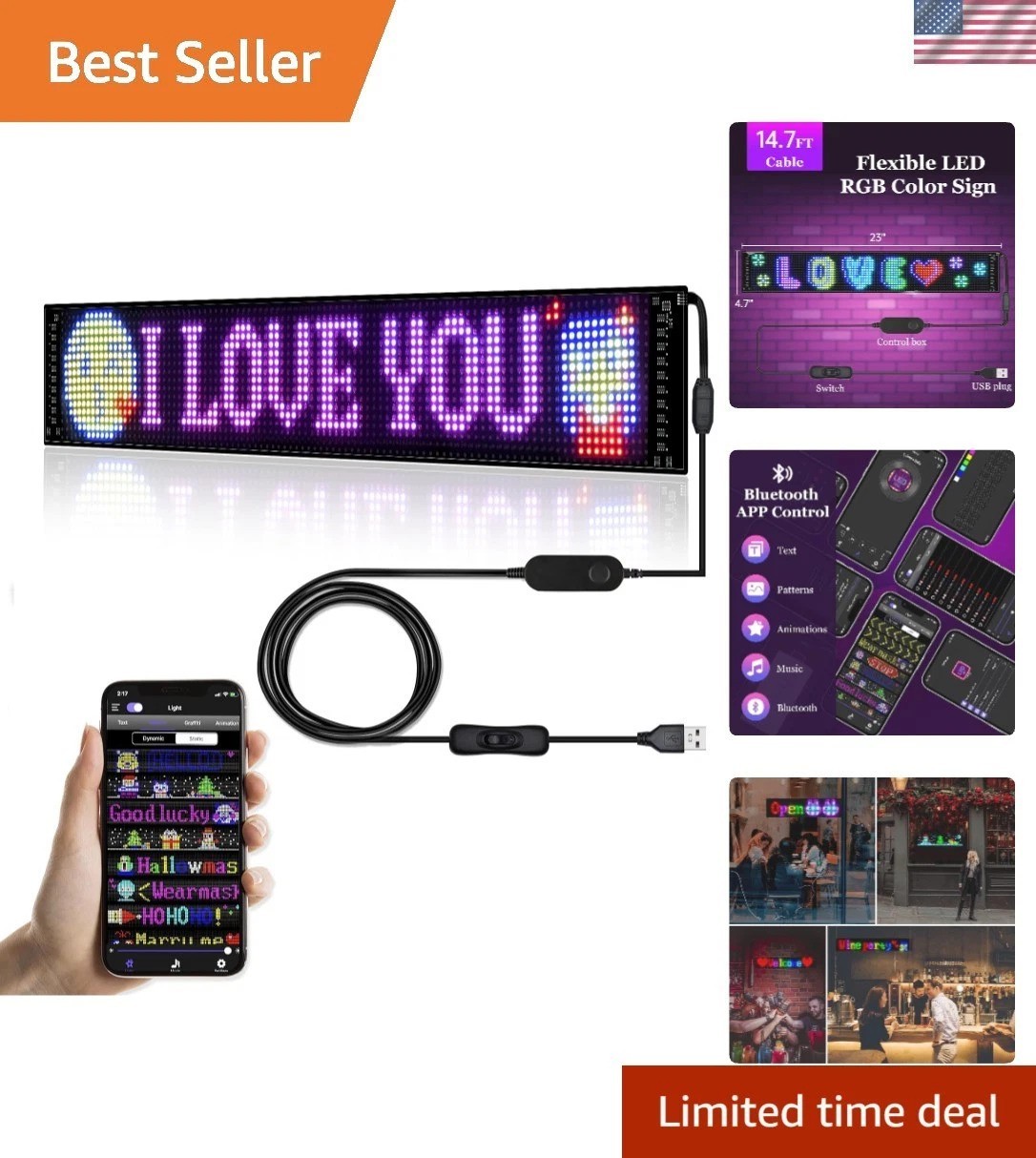 Portable RGB LED Sign – 23”x5” Flexible Display for Events and Advertisements