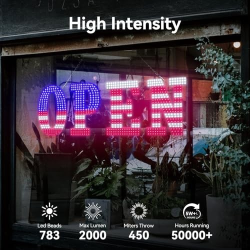 40″ x 14″ LED OPEN Sign with Remote, Dimmable Brightness, Flash Modes for Storef