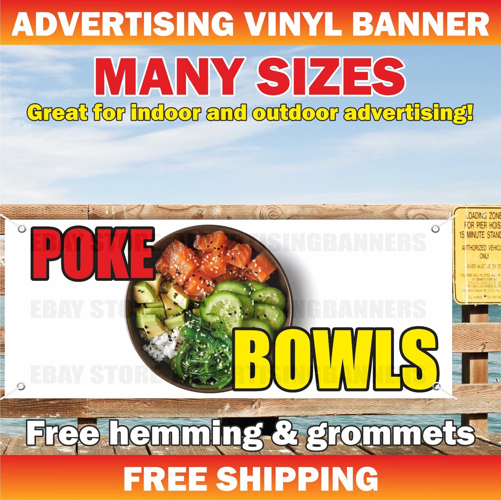 POKE BOWLS Advertising Banner Vinyl Mesh Sign Street Food Restaurant Buffet