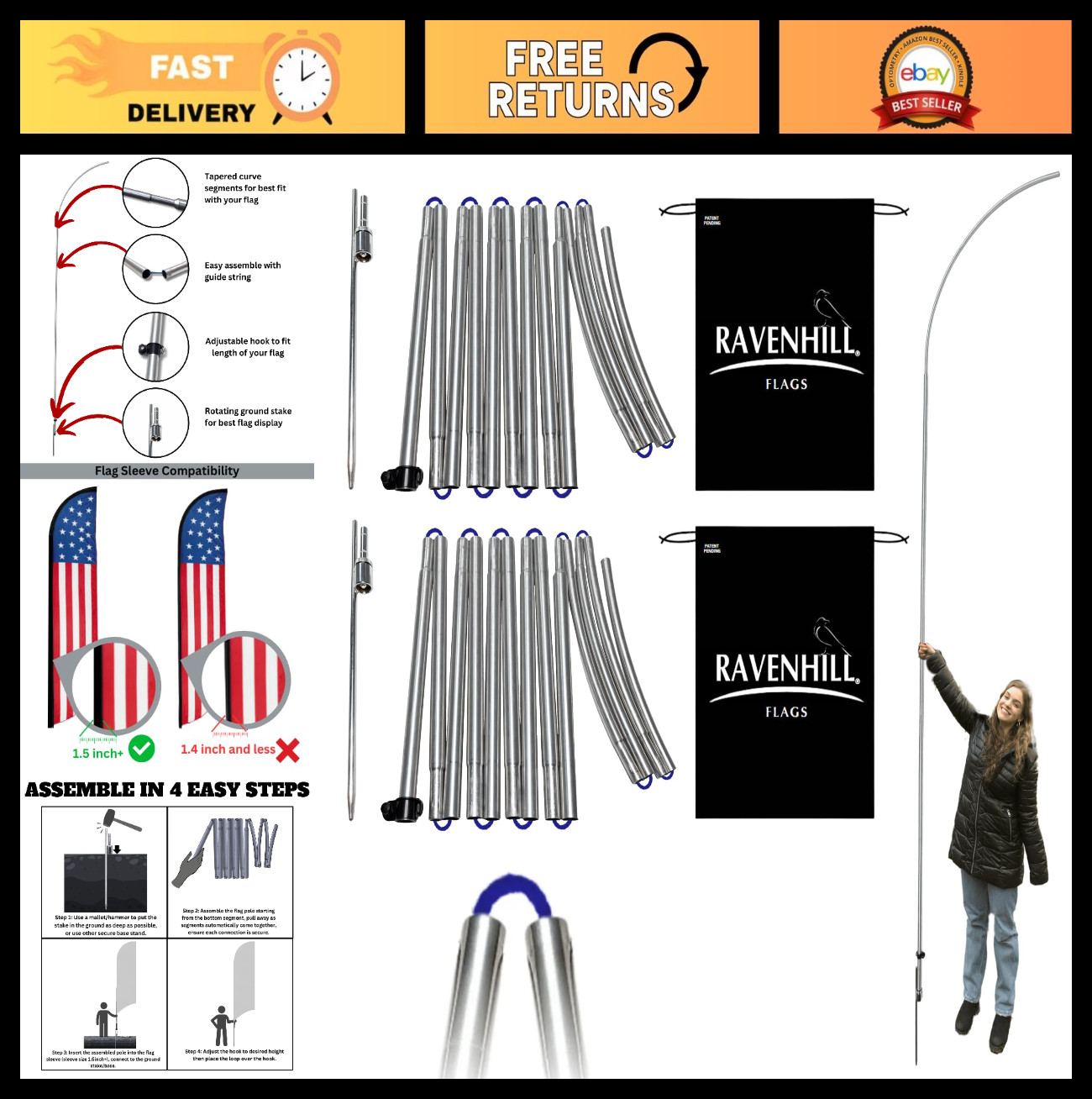 Feather Flag Pole Kit 13FT with Rotating Stake, Reinforced Aluminum, 40 MPH Wind
