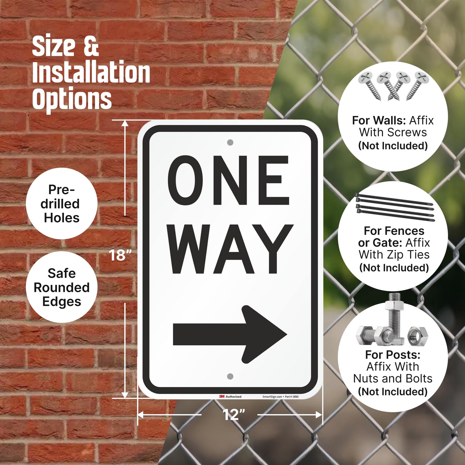 One Way Sign, One Way Sign with Right Arrow 18×12 3M Engineer Grade Reflectiv…