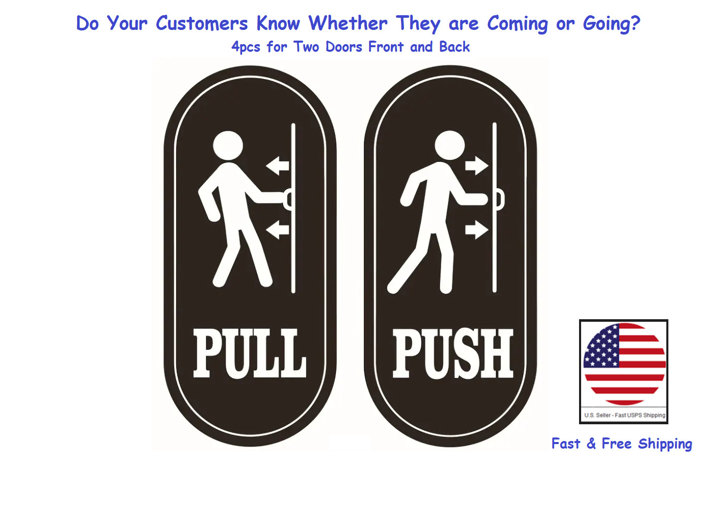 Push Pull Graphic Door Sign (Black)- 4 Signs / 2 Doors- FREE Shipping! 5″ x 2.3″