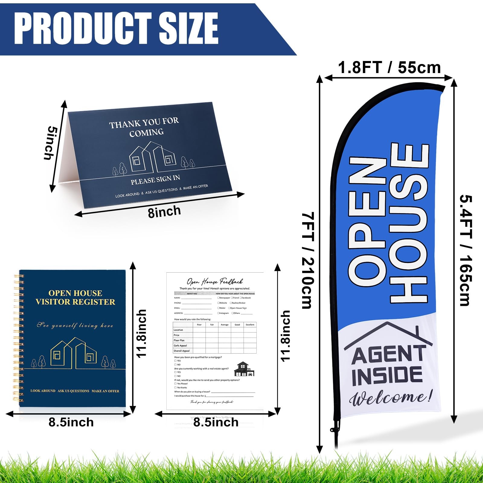 Open House Signs Real Estate Agent Feather Flag Guest Notepad Blue 153 PCS