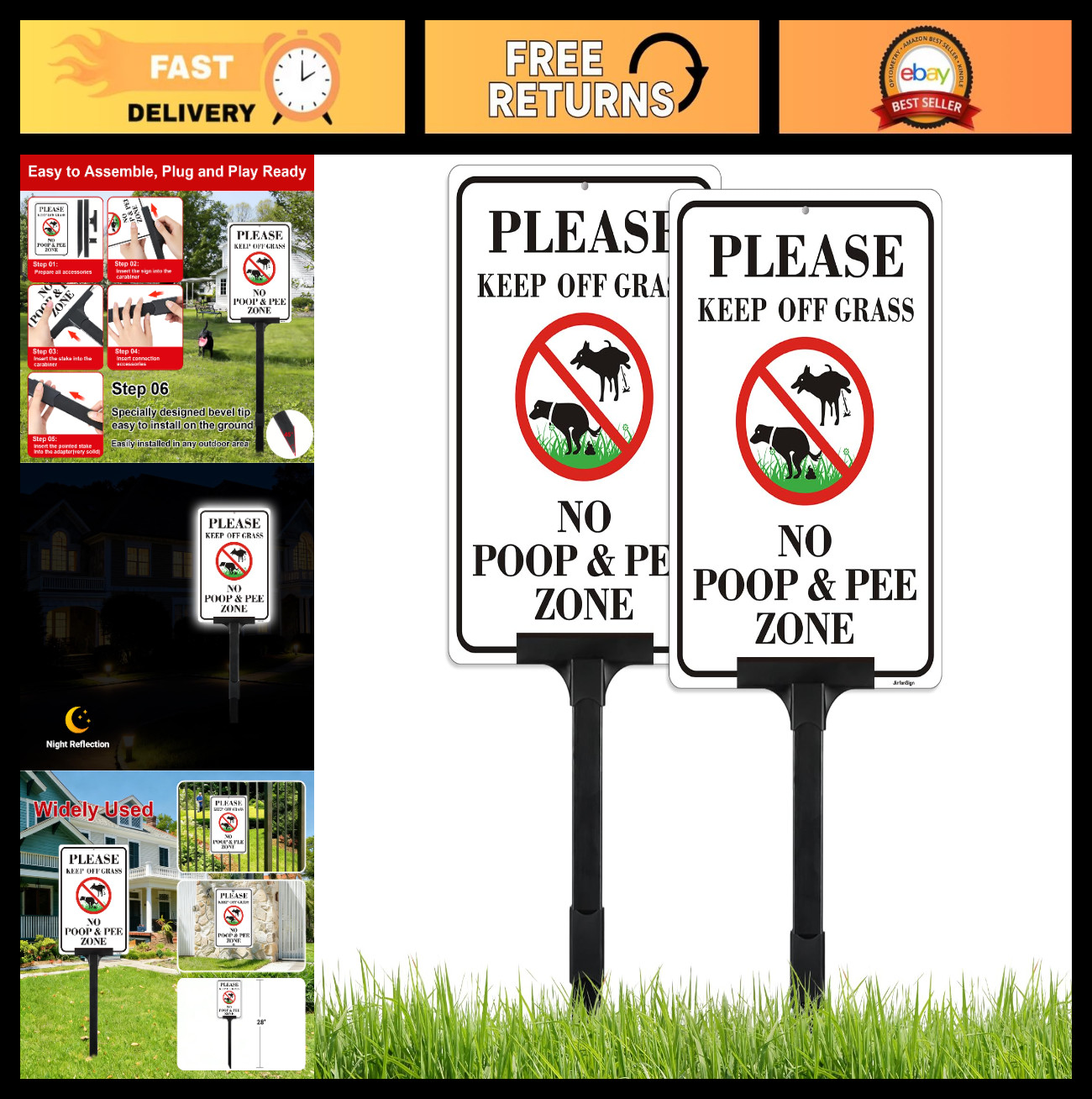 2 Pack No Poop No Pee Dog Signs – Adjustable Height Reflective Yard Stakes, 12×8