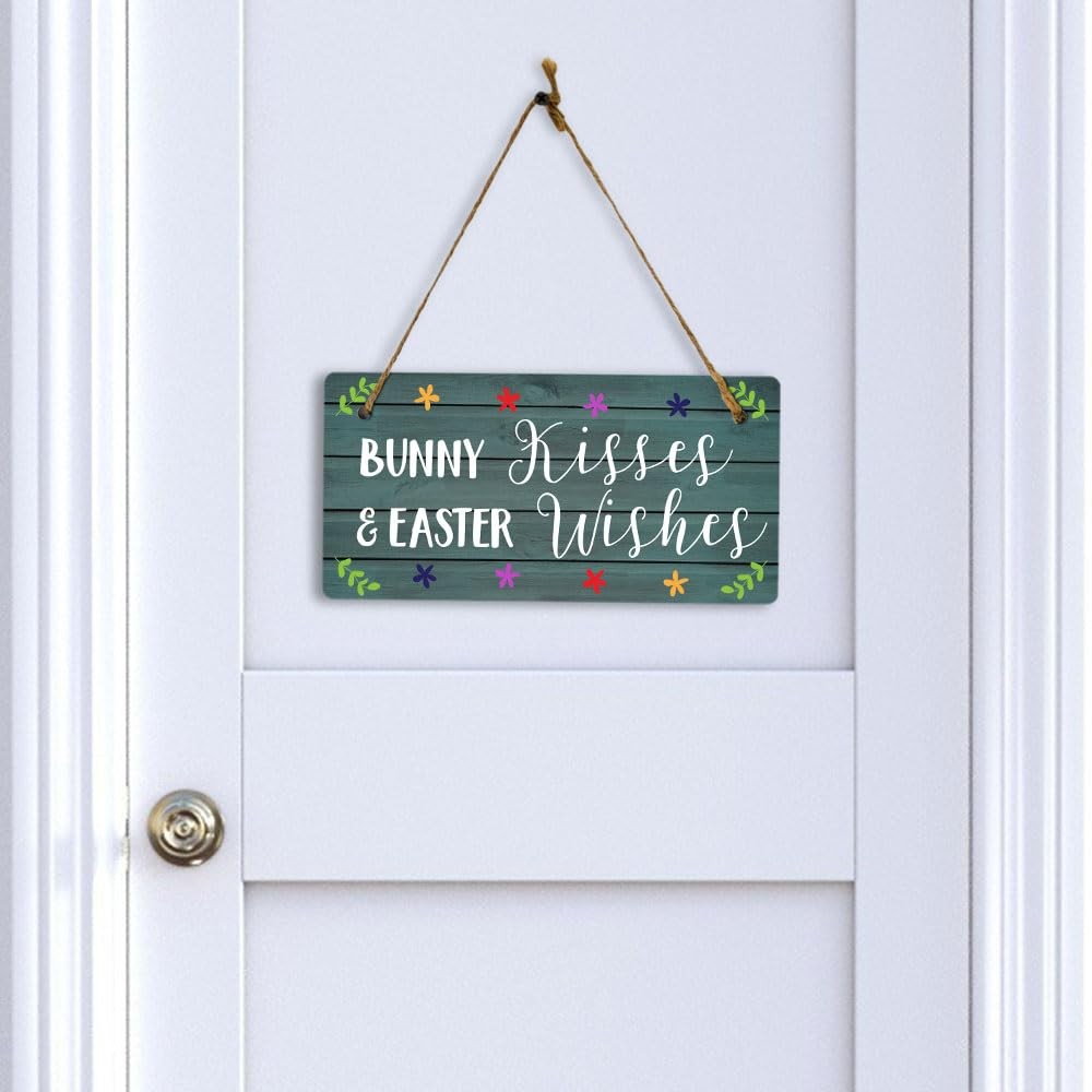 Bunny Kisses & Easter Wishes 5×10 Hanging Wall or Door Sign | Funny Religious