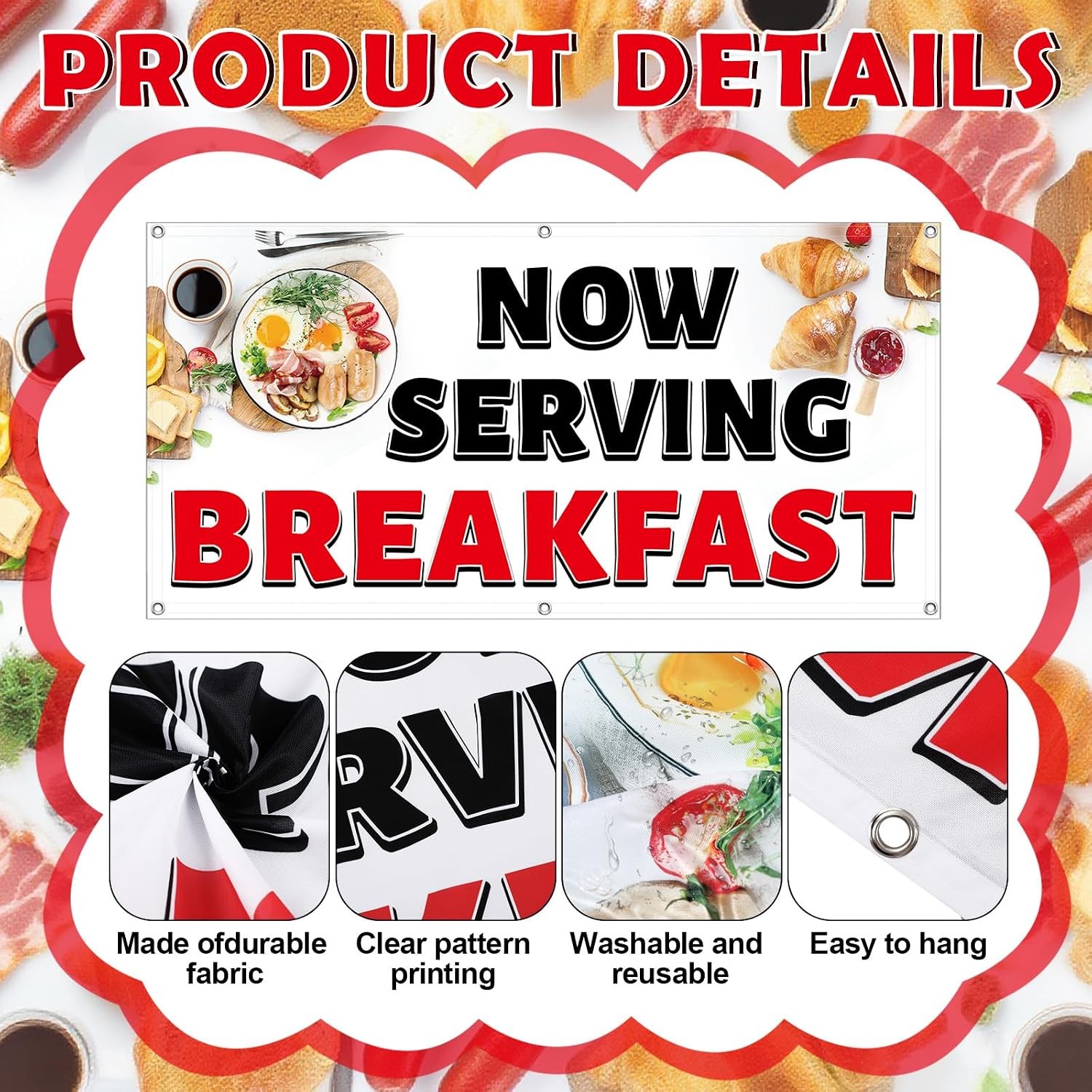 2×4 Feet Polyester Fabric Breakfast Banner Sign with Grommets Decorative Party