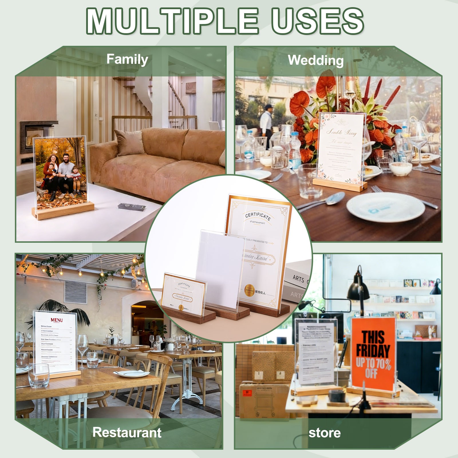 8″ x 6″ Acrylic Sign Holder Wood Base, 2Pcs L-Shape A5 Clear Holder Slant