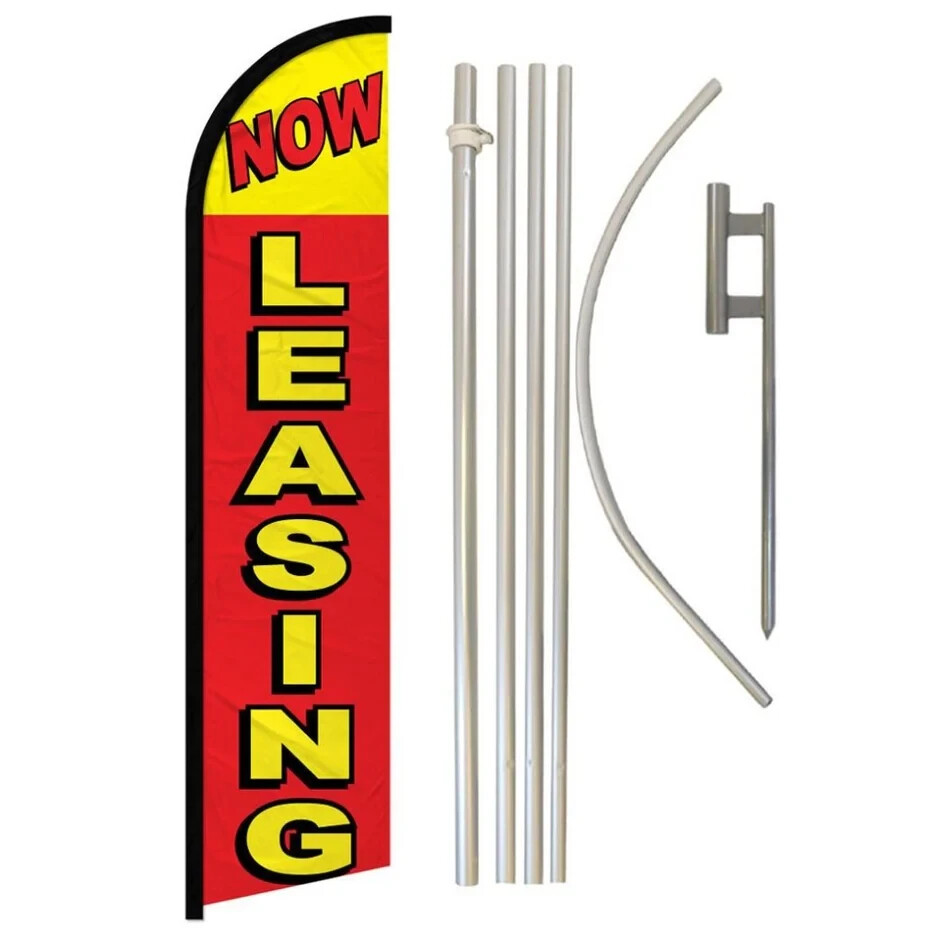 Now Leasing Windless Advertising Banner Flag & Pole Kit (Red/Yellow)