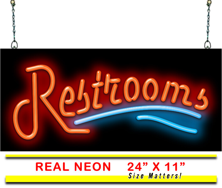 Restrooms Neon Sign – Compact Size 24″w x 11″h – Real, Bright Red and Blue Neon
