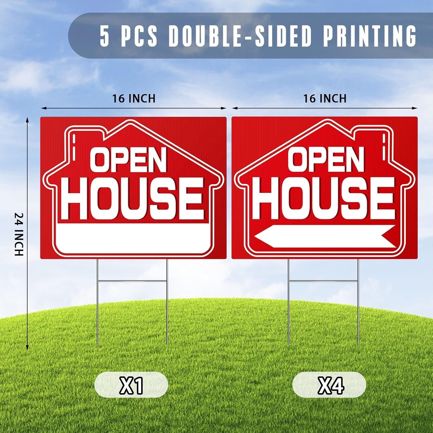 Open House Signs 5 Pack 16″ x 12″ Double-Sided Yard Signs with Metal H Stakes