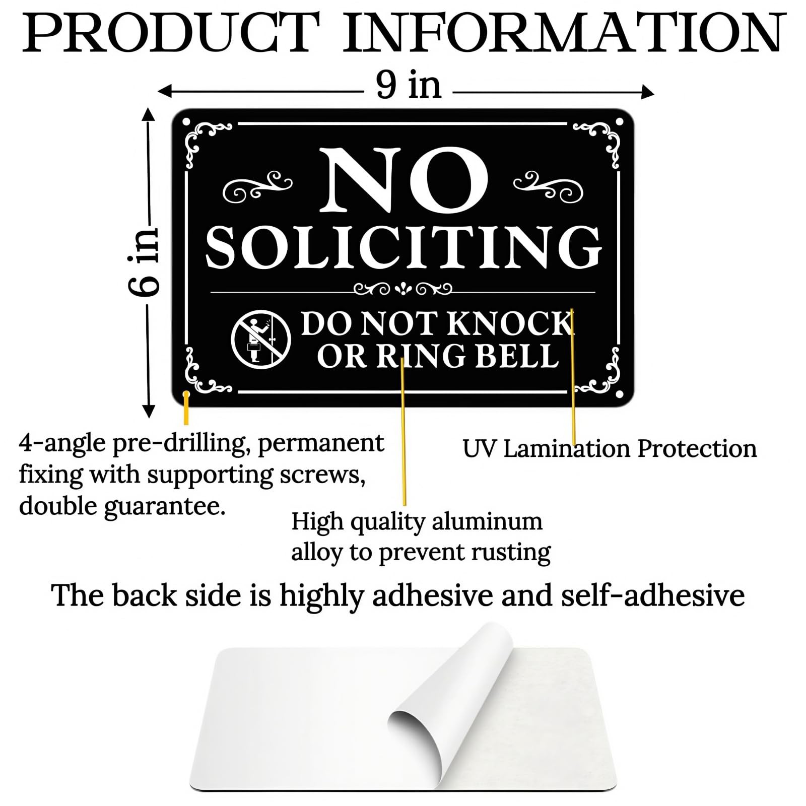 No Soliciting Sign for Front Door 9×6 Inches, 2 Pack Self-Adhesive Aluminum M…