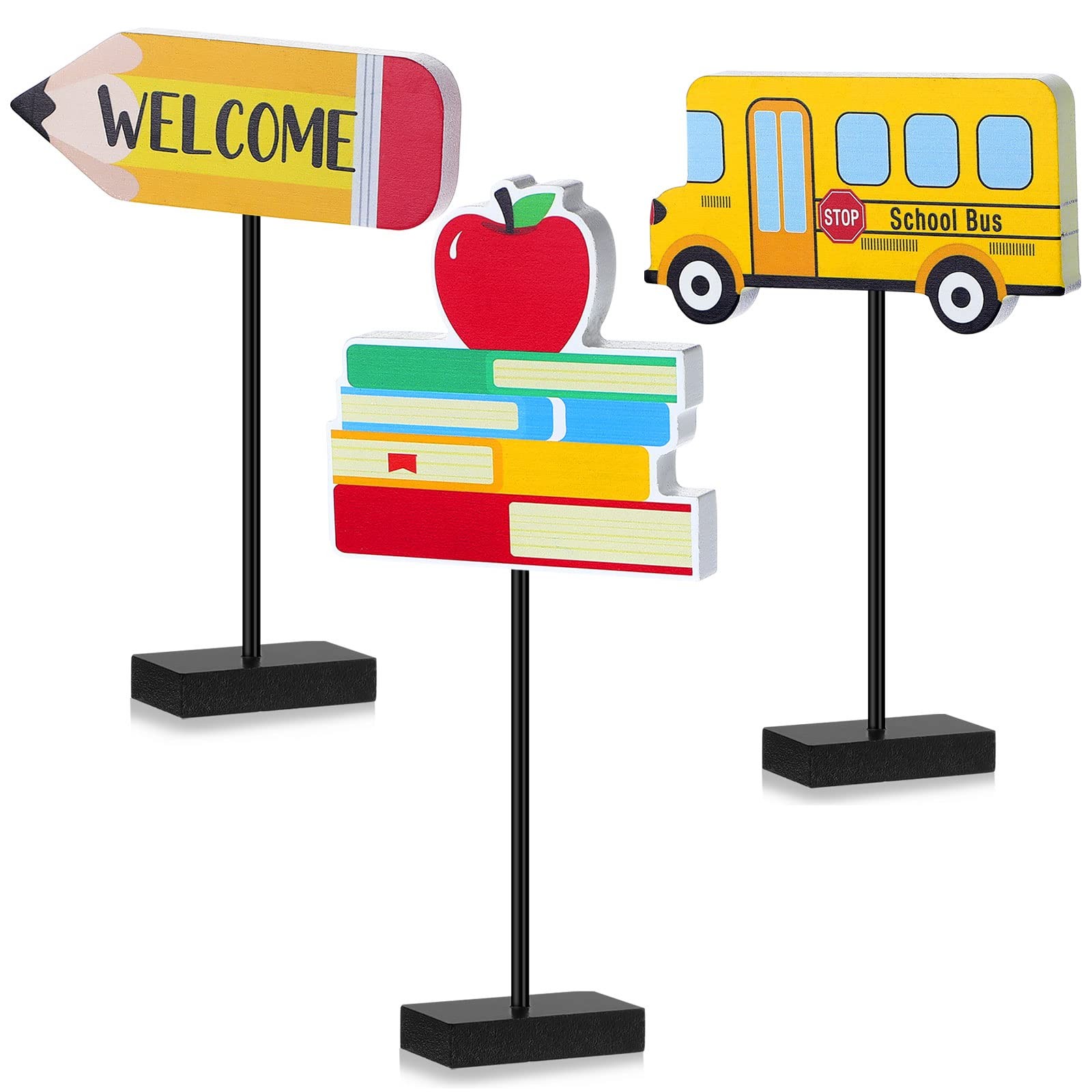 3 Pieces Back to School Wood Table Decor Pencil Book Bus Tall Standing Wooden…