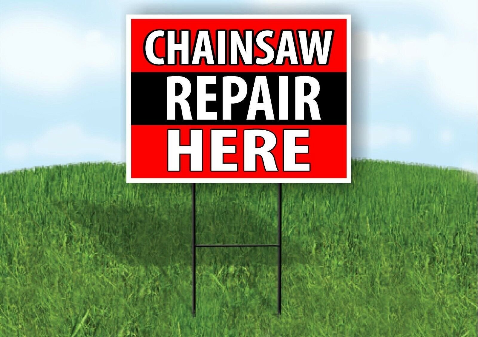 CHAINSAW REPAIR HERE BLACK STRIPE Plastic Yard Sign ROAD SIGN with Stand