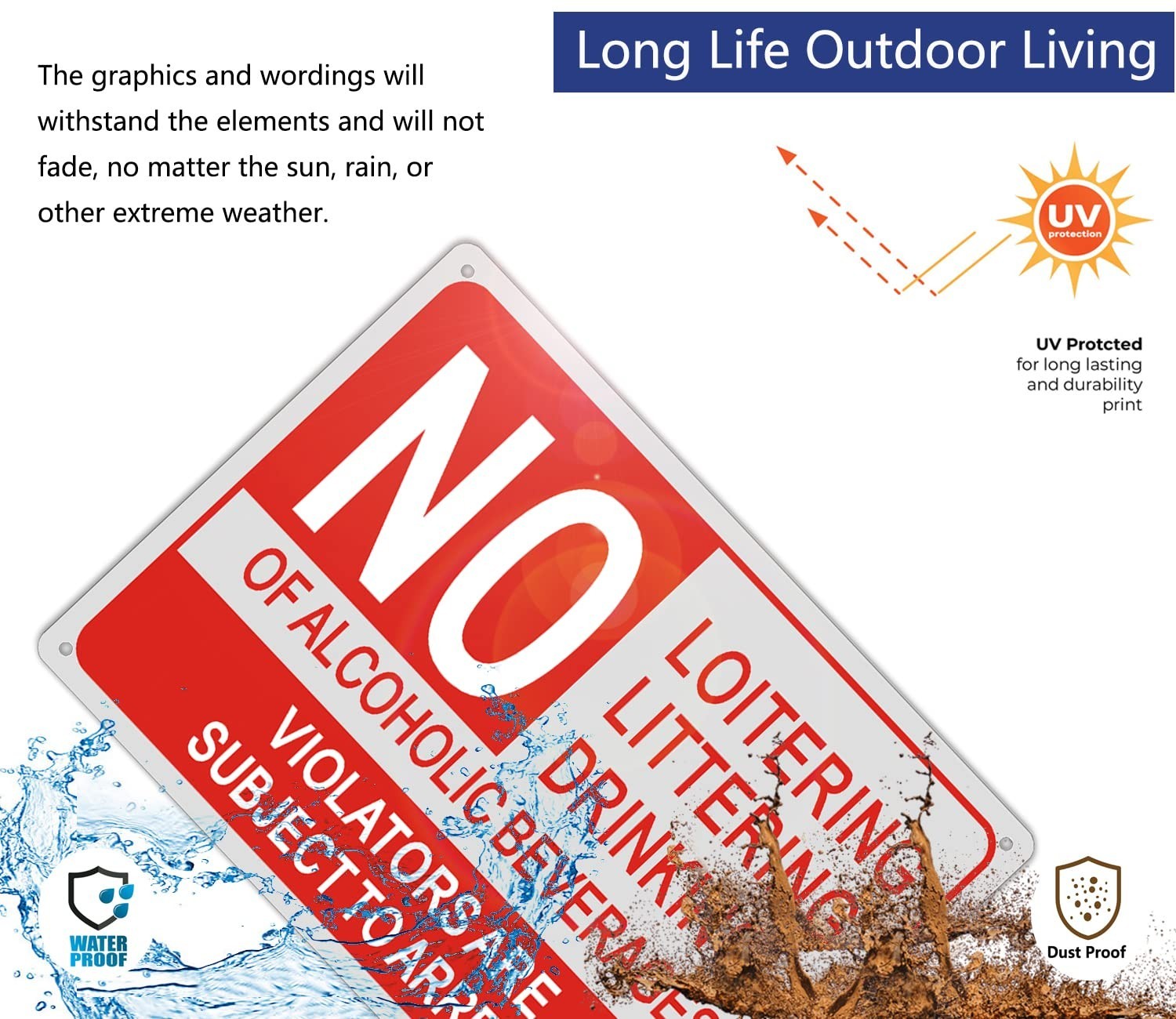 4 Pack No Loitering, No Littering, No Alcohol Signs – Metal Reflective 10″x14″ O
