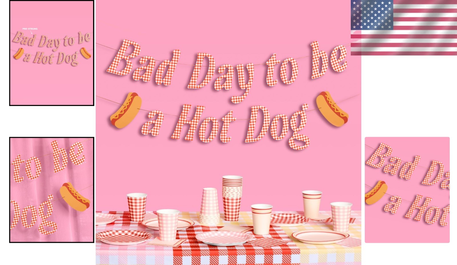 Iconic Hot Dog Banner with Light Gold String for Cookouts & Outdoor Events