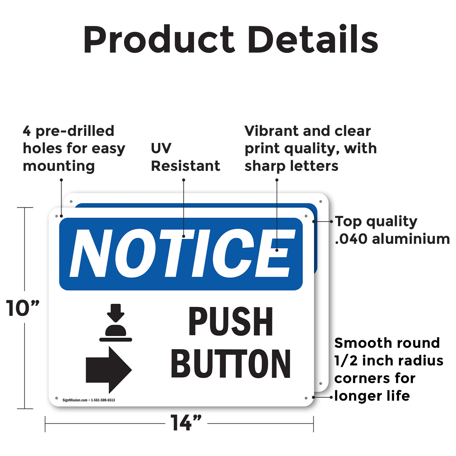 (2 Pack) Push Button [Right Arrow] OSHA Notice Sign Decal Metal Plastic