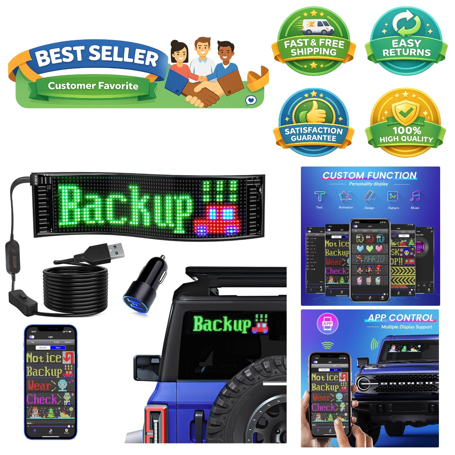 App-Controlled LED Display Sign – Custom Text & Animations for Cars or Stores