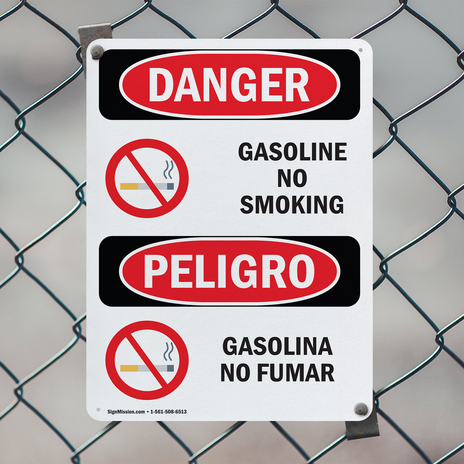 (2 Pack) Gasoline No Smoking Bilingual OSHA Danger Sign Decal Metal Plastic