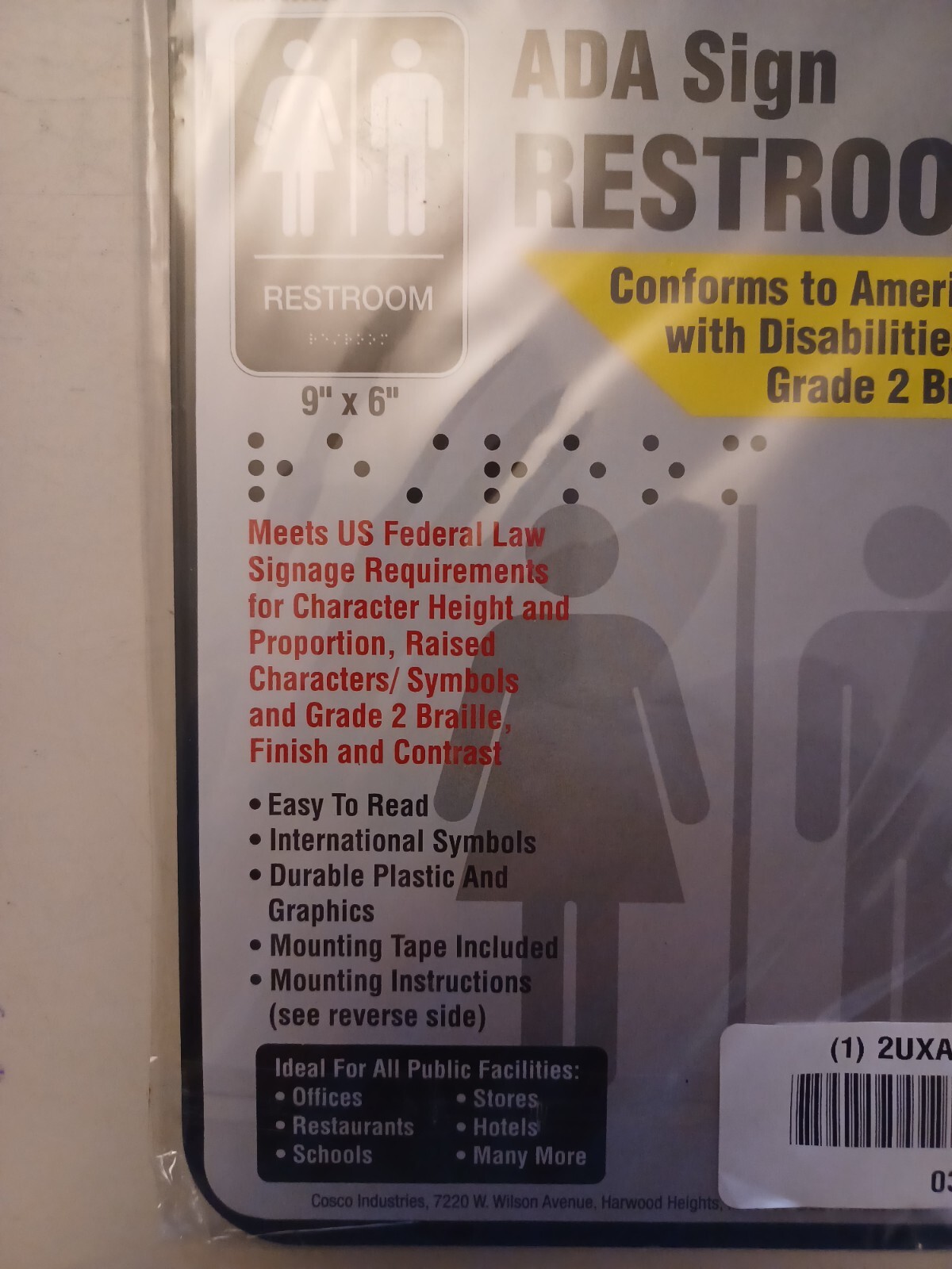 Cosco ADA RESTROOM Self Adhesive Sign with Braille 9″ X 6″